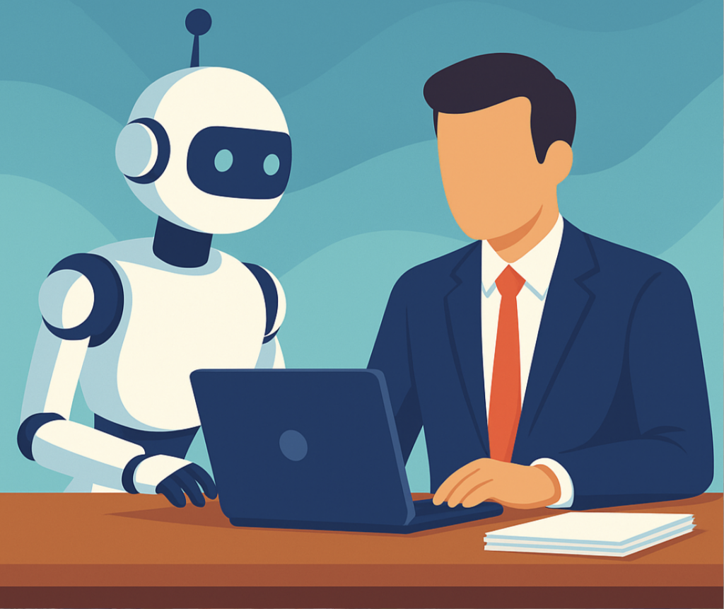 A robot and a faceless person in a suit sit at a desk, looking at a laptop, with documents stacked beside them.